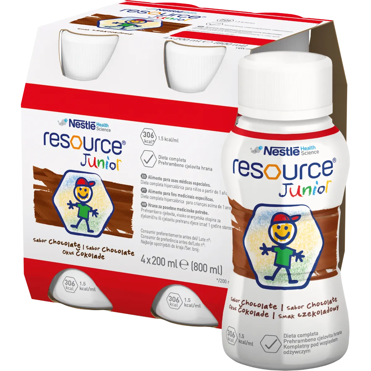 Resource Junior - odżywczy preparat  w płynie dla dzieci po 1. roku życia, smak czekoladowy, 4x200 ml 