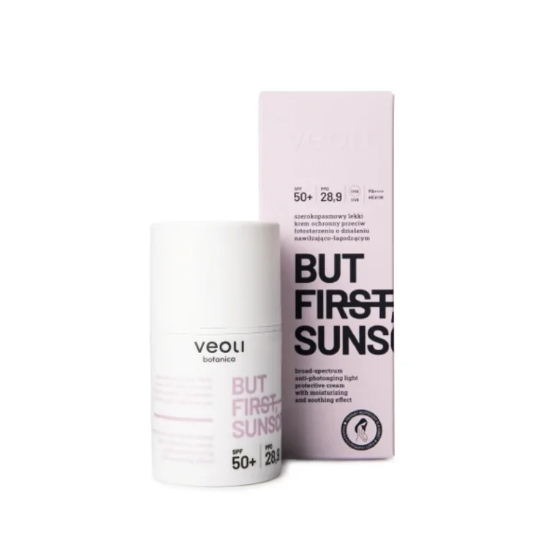 Veoli Botanica But First Sunscreen lekki nawilżająco-łagodzący krem ochronny SPF 50+, 50 ml