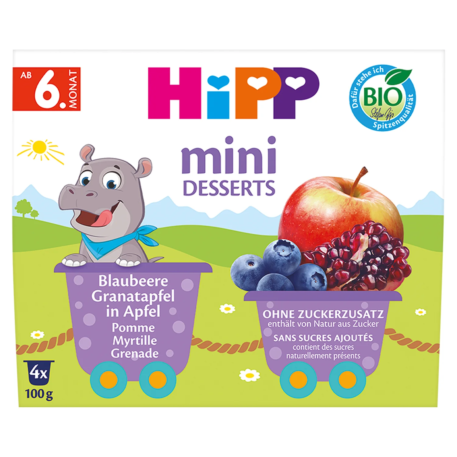 HIPP Mini deserek jabłka-jagody-granaty BIO, 4 x 100 g