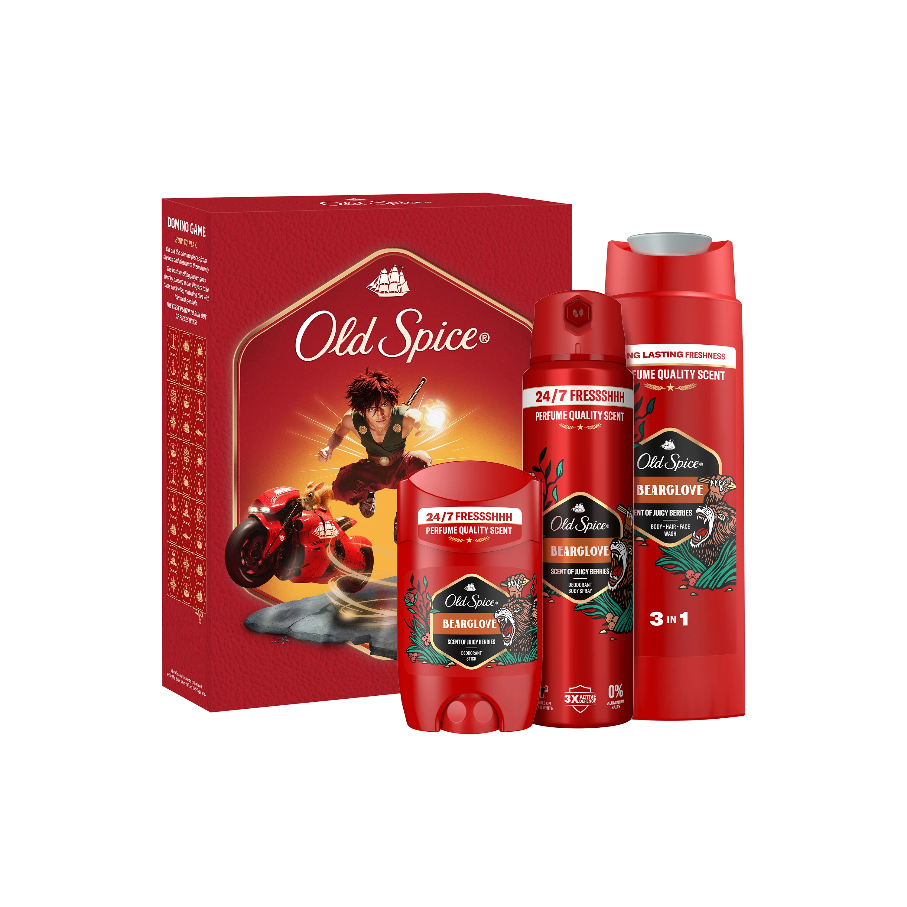 Old Spice Bearglove Anime Xmass Zestaw dezodorant w sztyfcie, 50 ml + dezodorant w sprayu, 150 ml + żel pod prysznic, 250 ml