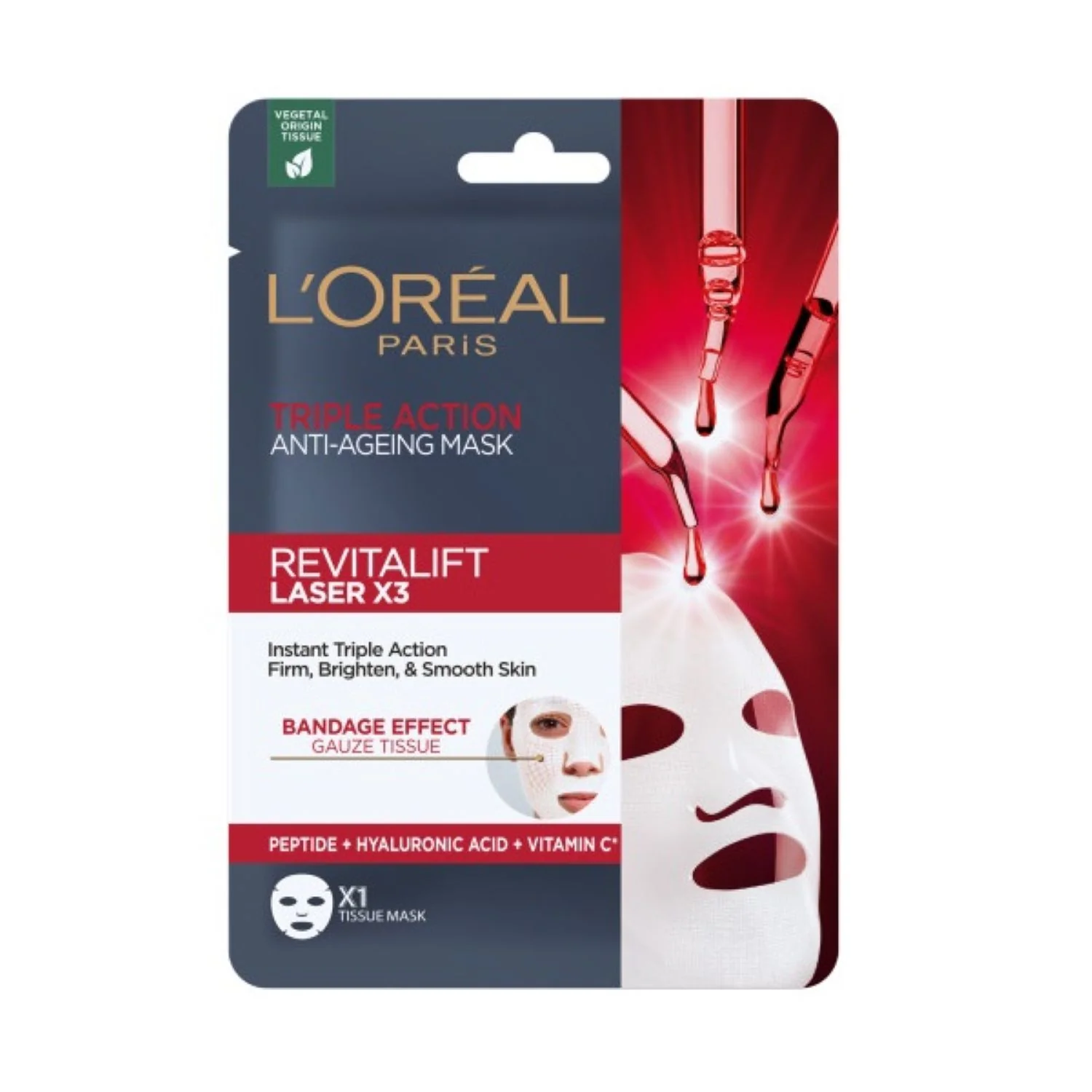 L`Oreal Revitalift Laser X3 przeciwzmarszczkowa maska w płachcie o potrójnym działaniu, 28 g