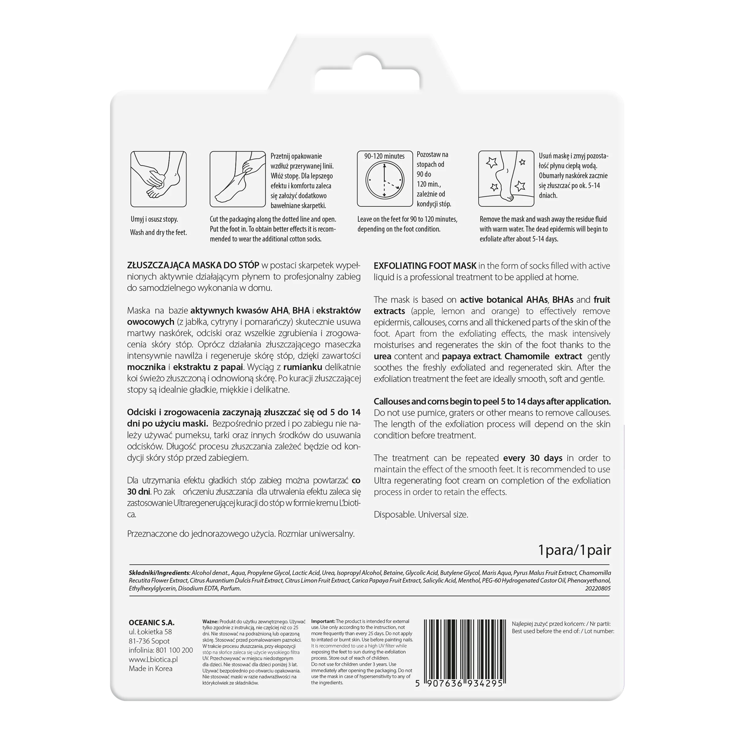 L'biotica złuszczająca maska do stóp w postaci nasączonych skarpetek, 40 ml