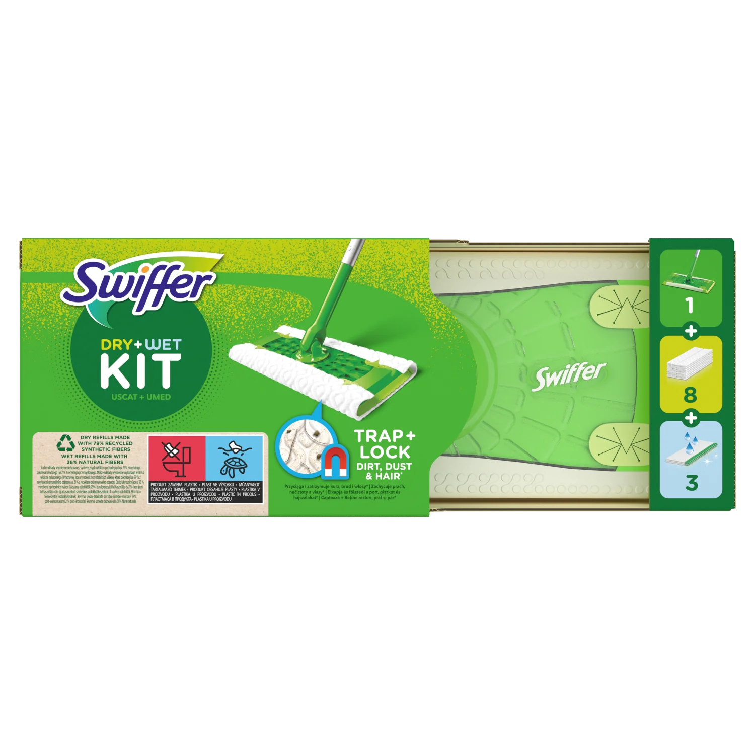 Swiffer Zestaw startowy 1 mop, 8 suchych + 3 mokre chusteczki do zbierania kurzu z podłóg