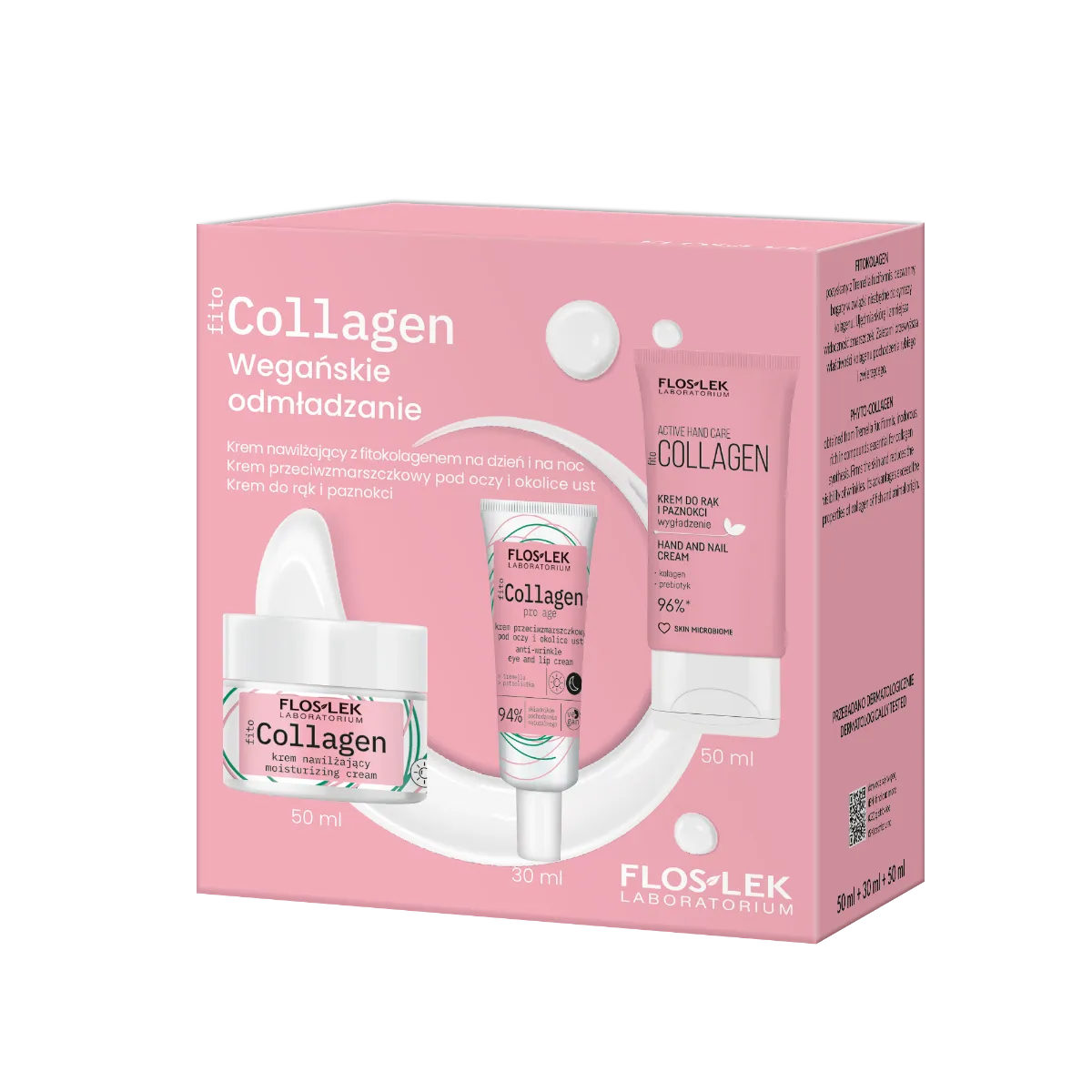 fitoCOLLAGEN Wegańskie odmładzanie krem nawilżający z fitokolagenem na dzień i na noc, 50 ml + krem przeciwzmarszczkowy pod oczy i okolice ust, 30 ml + Krem do rąk i paznokci, 50 ml