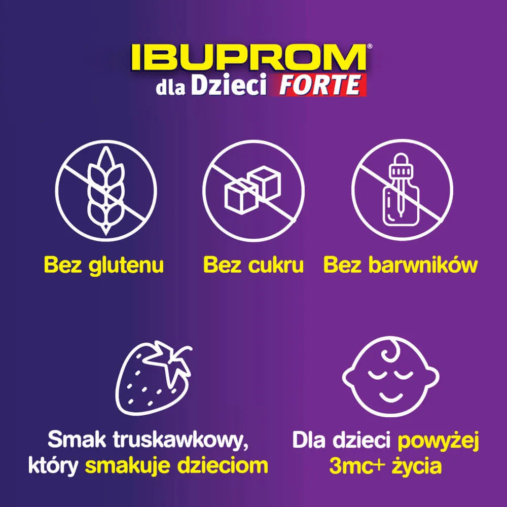 Ibuprom dla Dzieci Forte, 0,2 g/5 ml, zawiesina doustna, smak truskawkowy, 150 ml 