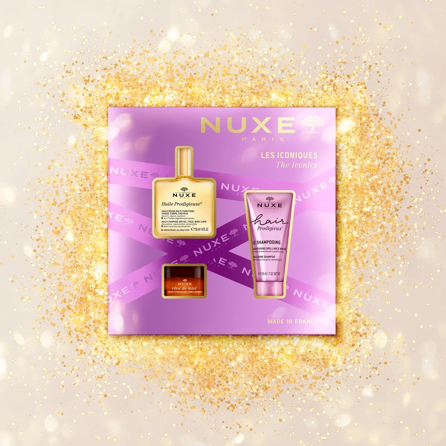 Nuxe zestaw Timeless Icons Huile Prodigieuse®, 50 ml + Rêve de Miel® balsam do ust, 15 g + Hair Prodigieux® szampon, 50 ml