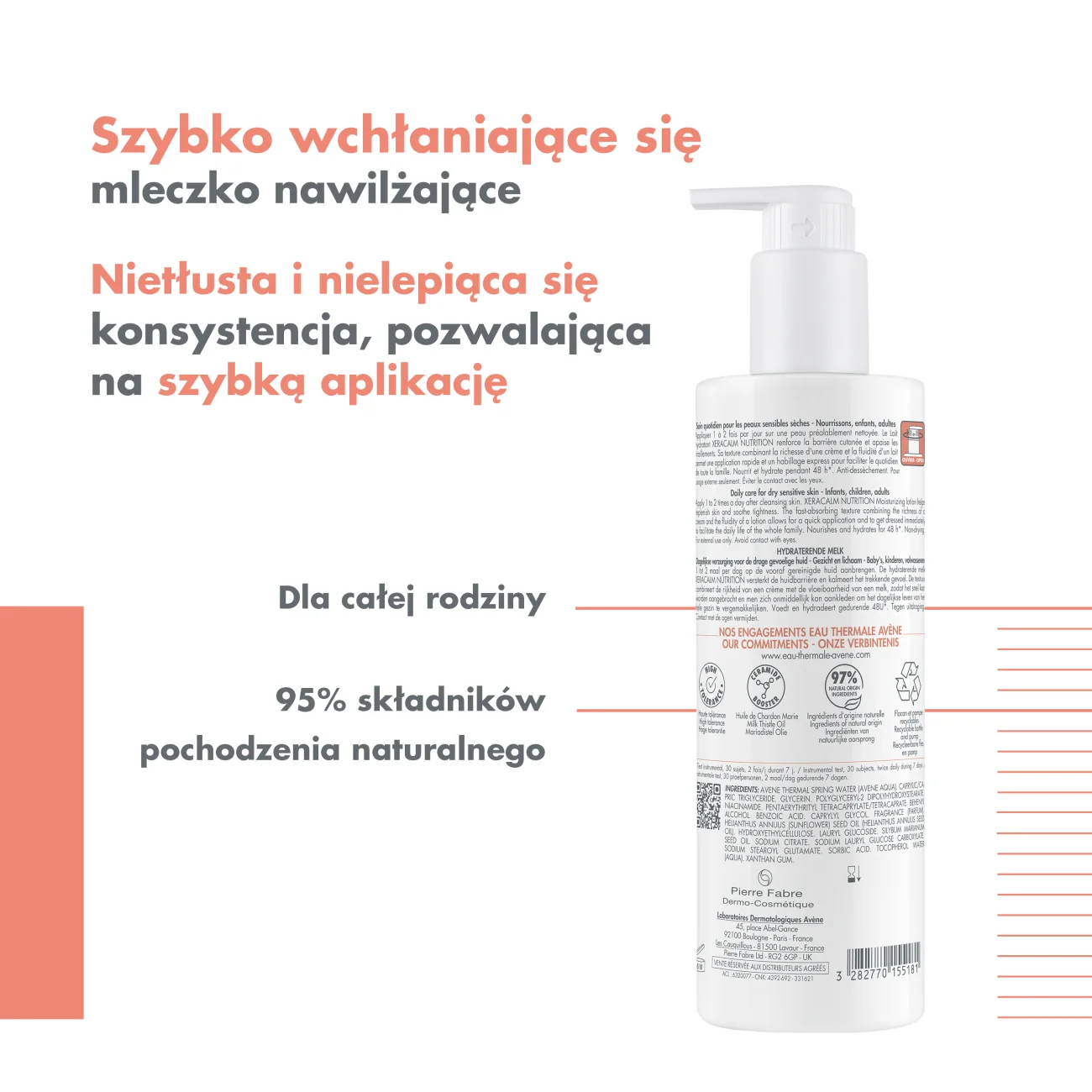 Avène Xeracalm Nutrition mleczko nawilżające do twarzy i ciała, 400 ml