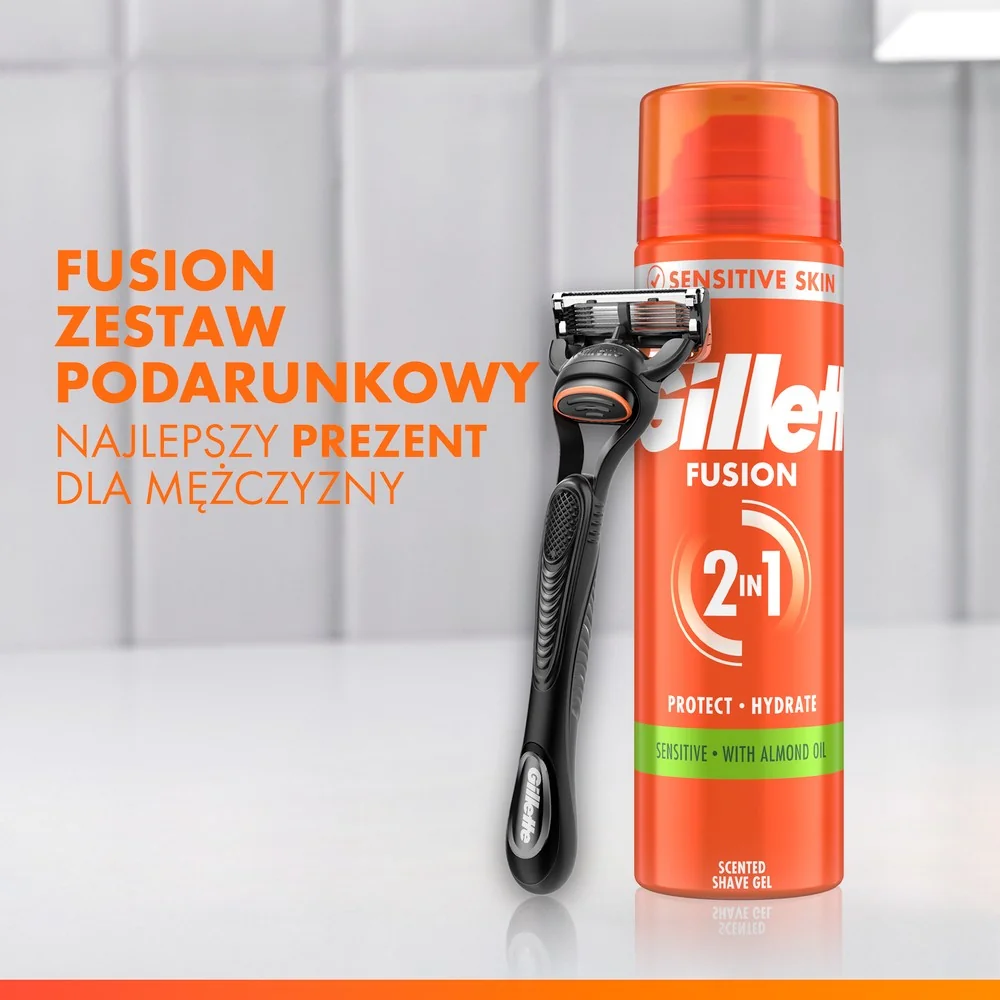 Gillette Fusion5 Zestaw męska maszynka do golenia z 5 ostrzami + 1 wkład wymienny + żel do golenia, 200 ml