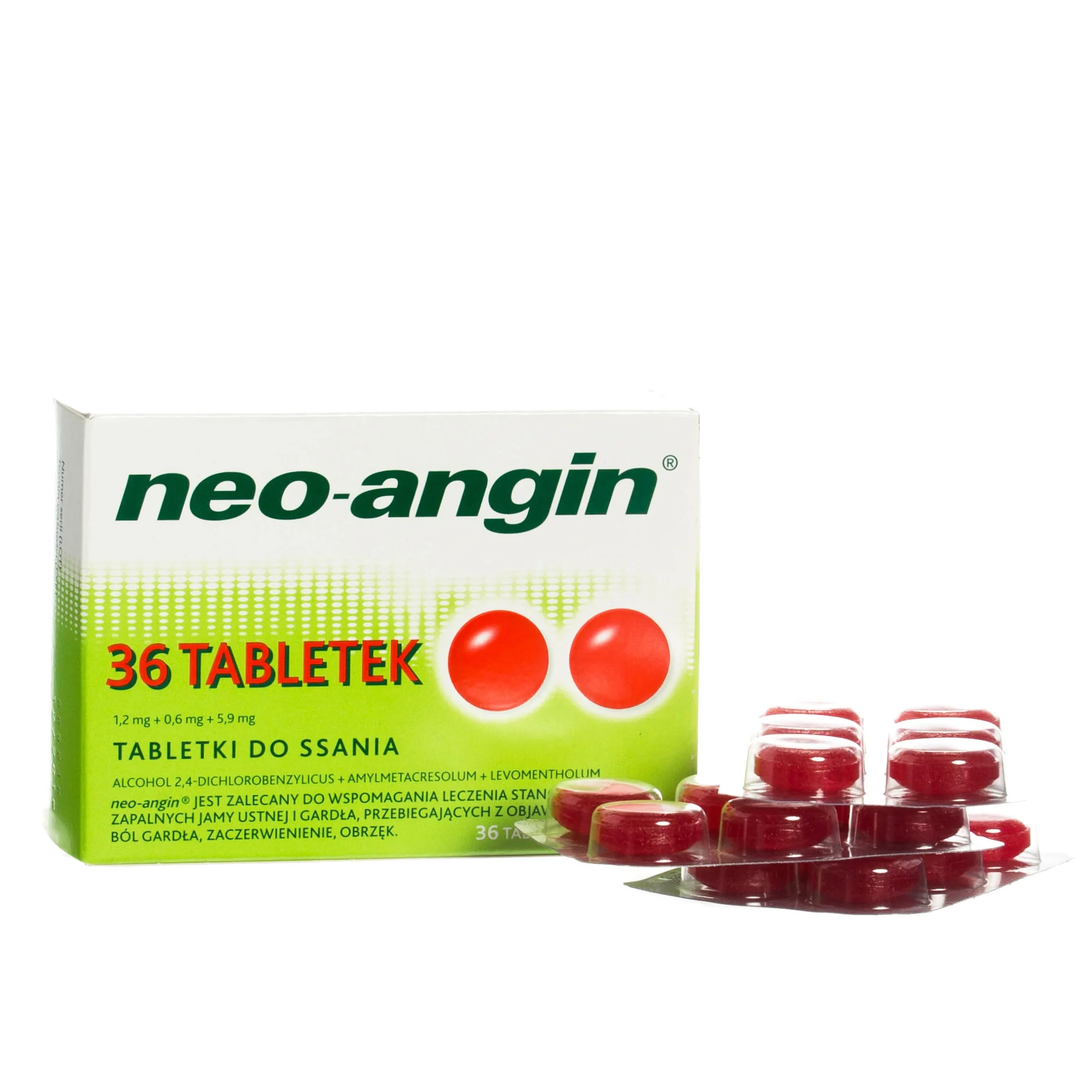 Neo-angin, tabletki do ssania, Alcohol 2,4-dichlorybenzylicus + amylmetacresolum + levomentholum, 36 tabletek 