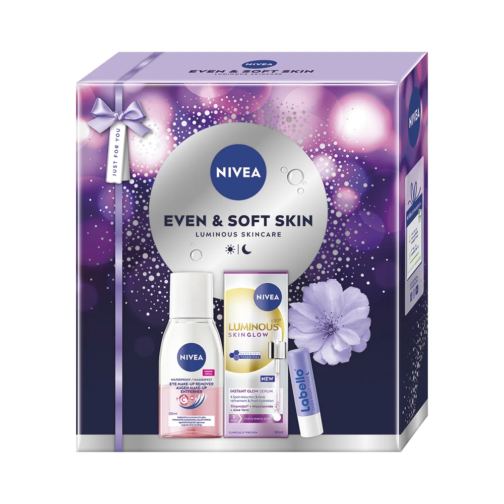 Nivea Even & Soft Skin Zestaw dwufazowy płyn do demakijażu, 125 ml + serum, 30 ml + balsam do ust, 4,8 g