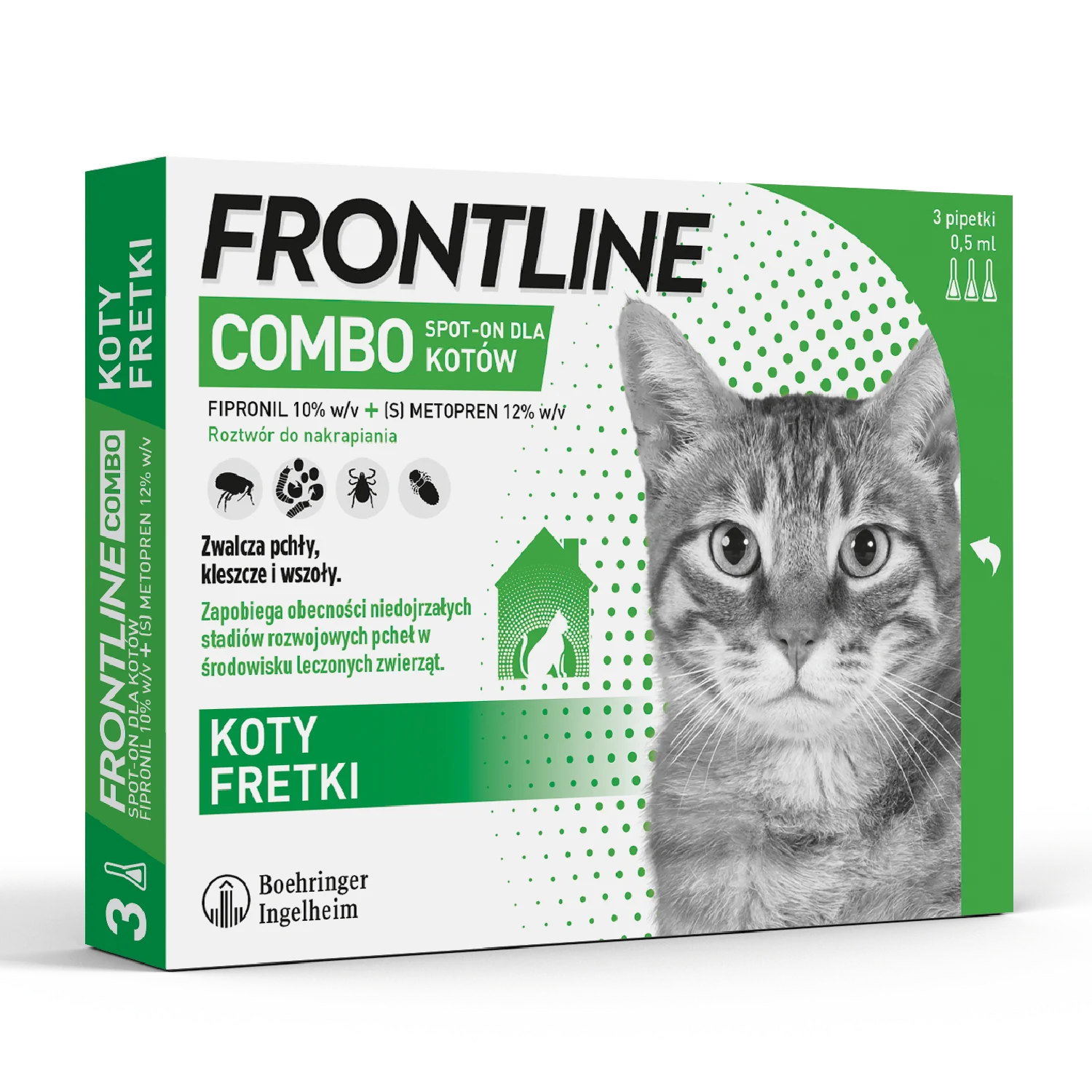 Frontline Combo (50 mg + 60 mg)/0,5 ml, roztwór do nakrapiania dla kotów, 3 x 0,5 ml