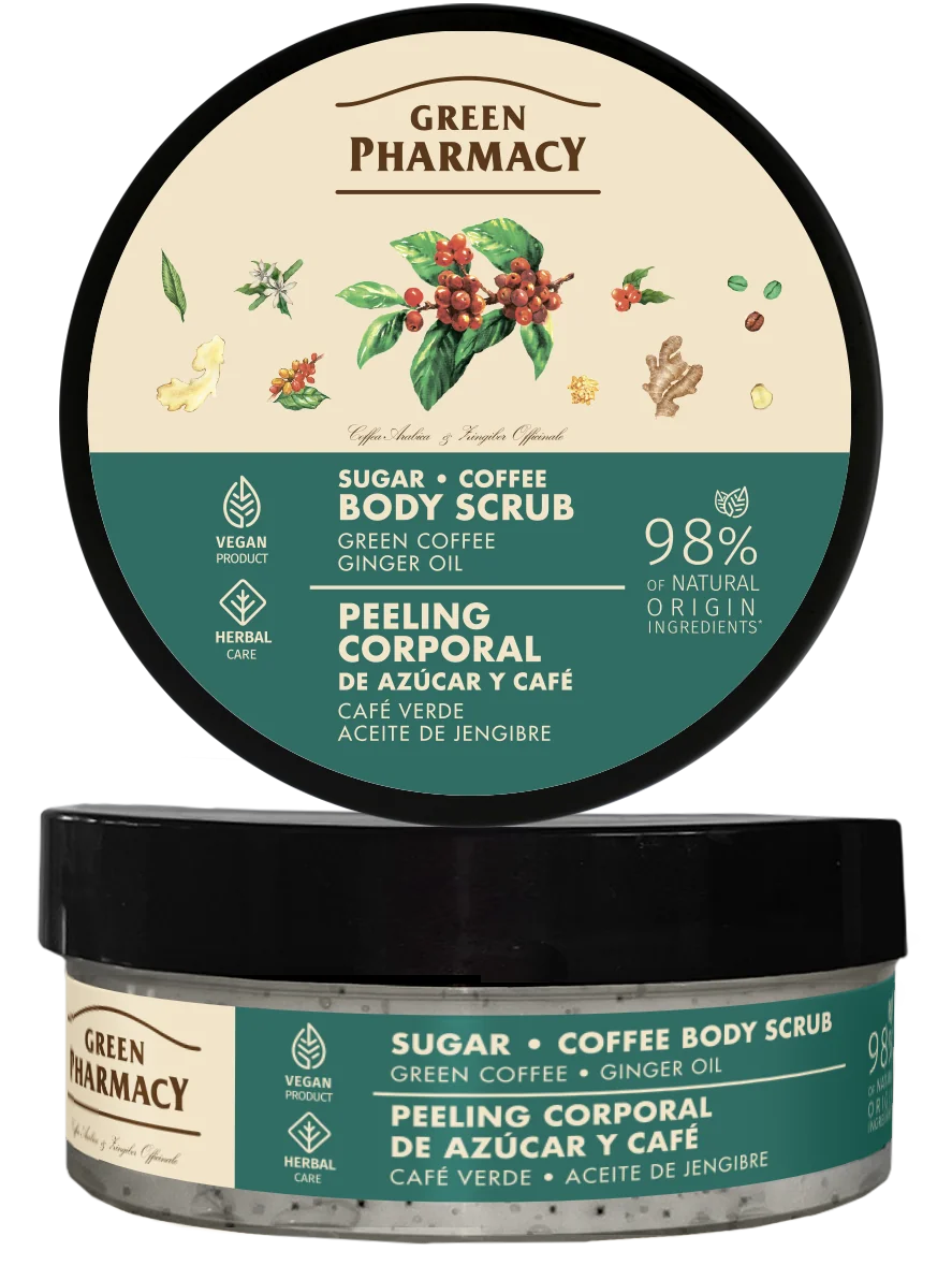Green Pharmacy peeling cukrowo-kawowy do ciała, Zielona kawa i olejek imbirowy, 200 ml