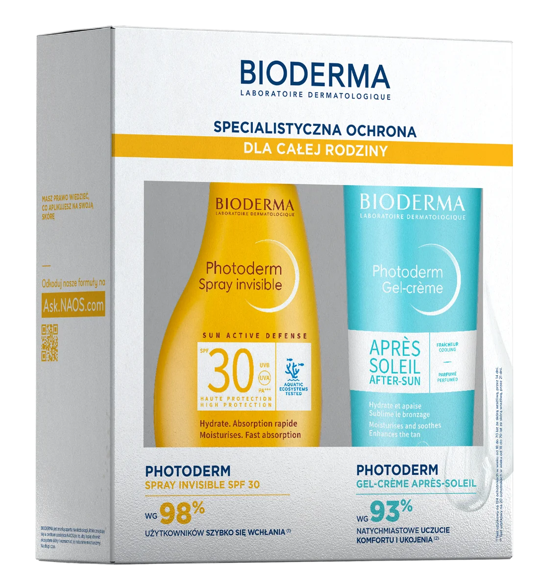 Bioderma Photoderm zestaw ochronny dla całej rodziny spray invisible SPF 30, 300 ml + żel-krem Apres Soleil, 500 ml