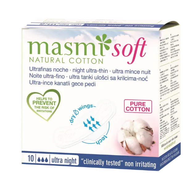 Masmi Natural Cotton Soft Ultracienkie bawełniane podpaski ze skrzydełkami na noc, 10 sztuk