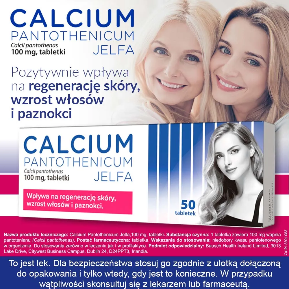 Calcium Pantotenicum Jelfa - lek stosowany w uzupełnieniu niedoborów kwasu pantotenowego, 50 szt. 