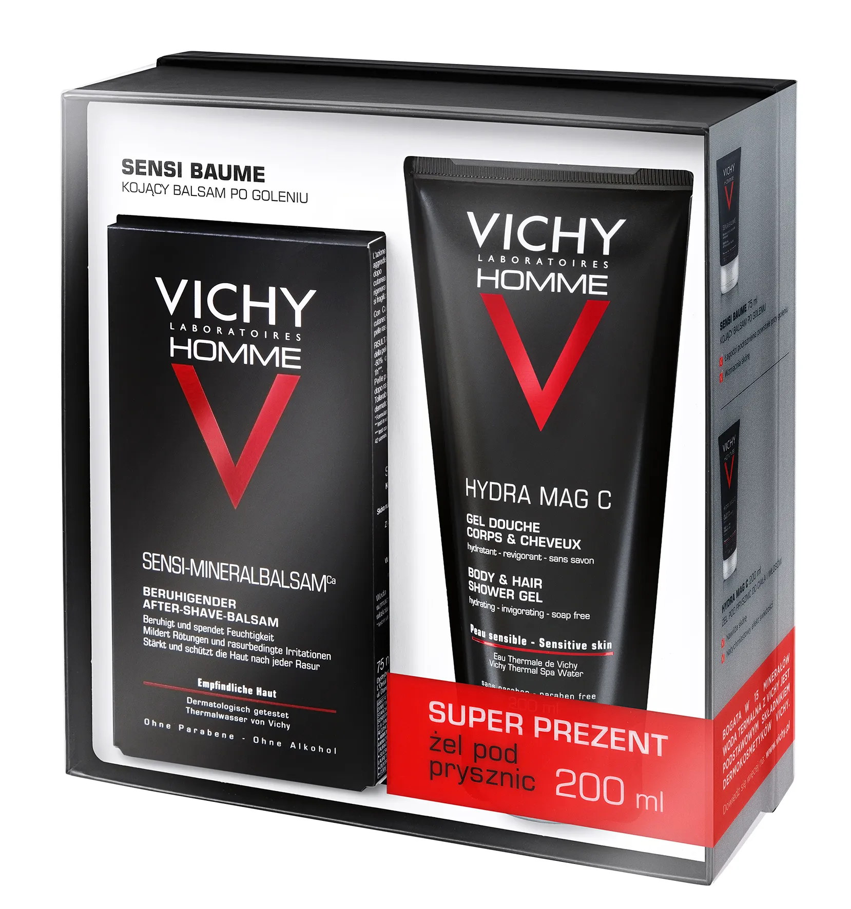 Vichy zestaw Homme Sensi Baume, kojący balsam po goleniu, 75 ml + żel pod prysznic, 200 ml w PREZENCIE
