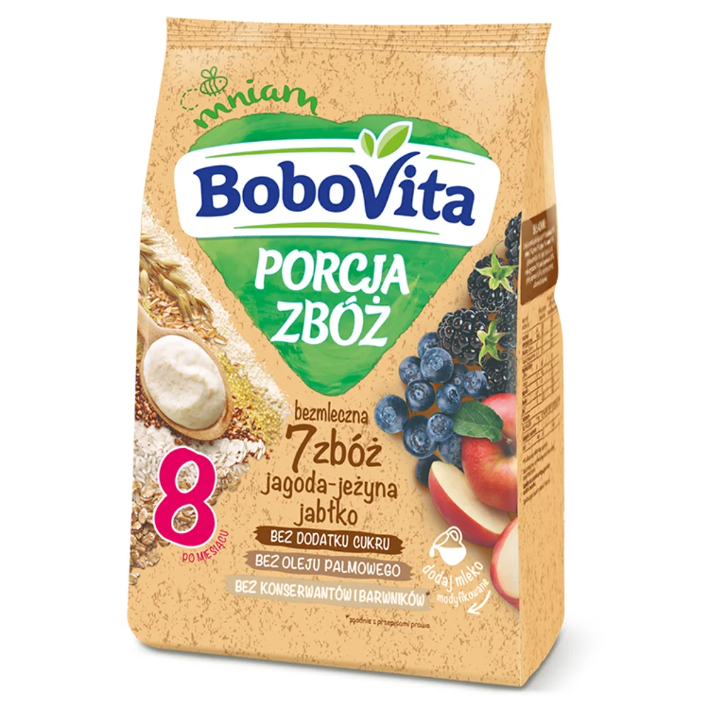 BoboVita Porcja Zbóż kaszka bezmleczna 7 zbóż jagoda-jeżyna-jabłko po 8 m-cu, 170g