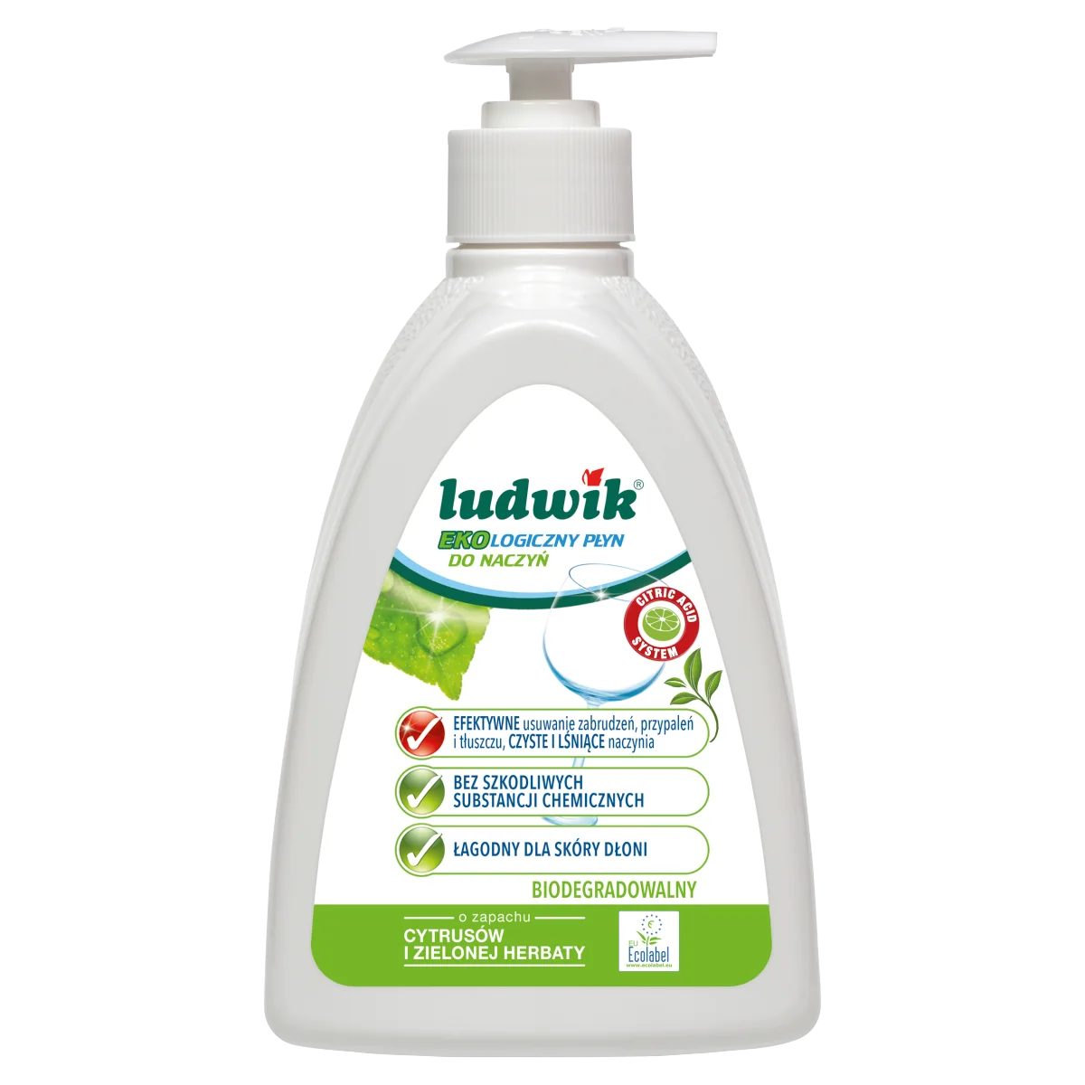 Ludwik ekologiczny płyn do mycia naczyń o zapachu cytrusów i zielonej herbaty z pompką, 475 ml