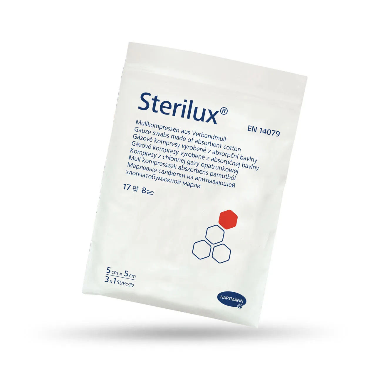 Sterilux, kompresy z gazy bawełnianej, jałowe, 17-nitkowe, 8 warstw, 5 cm x 5 cm, 3 sztuki