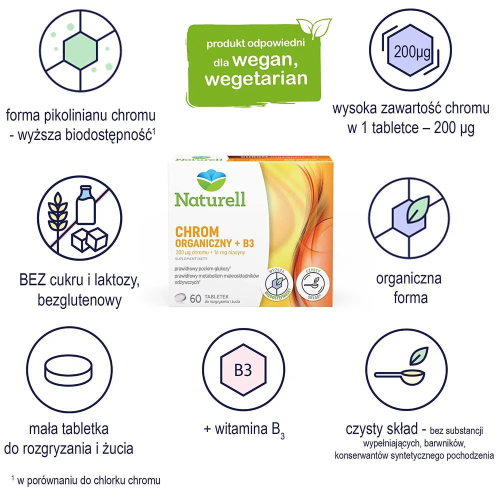 Naturell Chrom Organiczny + B3, suplement diety, 60 tabletek do ssania 