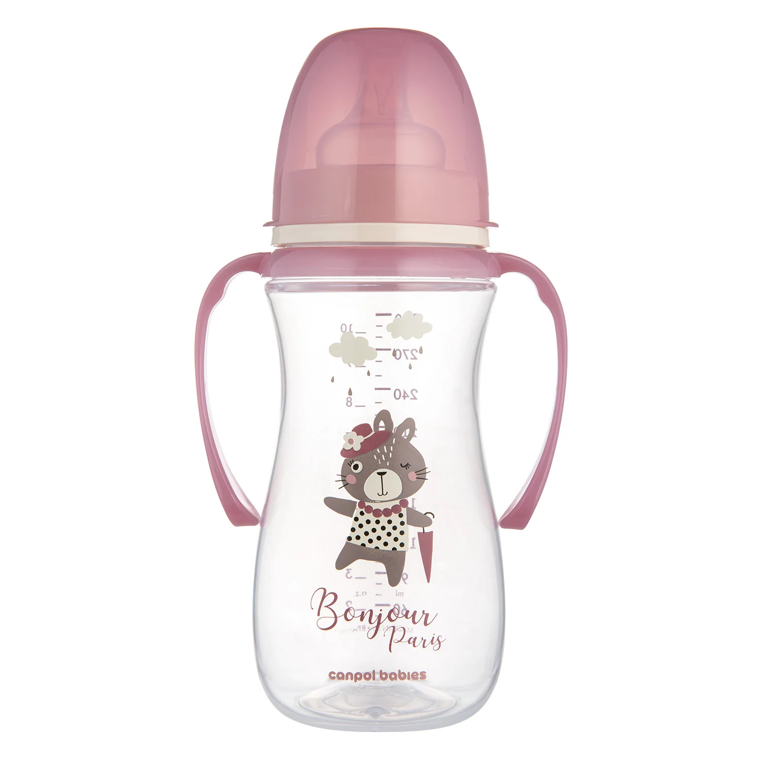 Canpol Babies EasyStart BONJOUR PARIS różowa butelka antykolkowa z uchwytami 300 ml, 1 sztuka