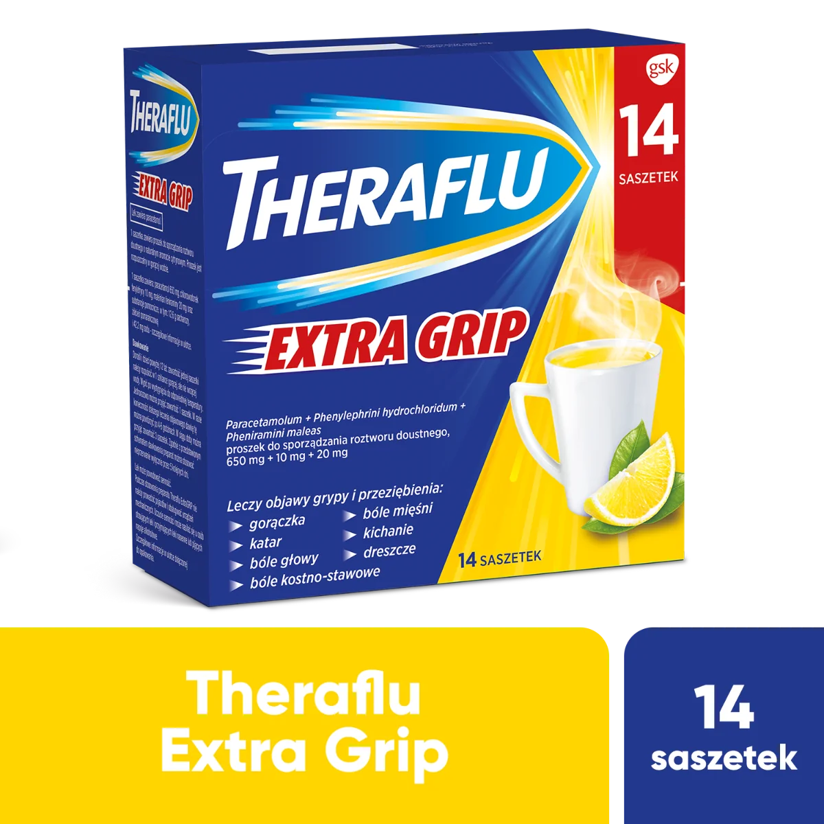 Theraflu ExtraGrip, 650 mg + 10 mg + 20 mg, 14 saszetek 