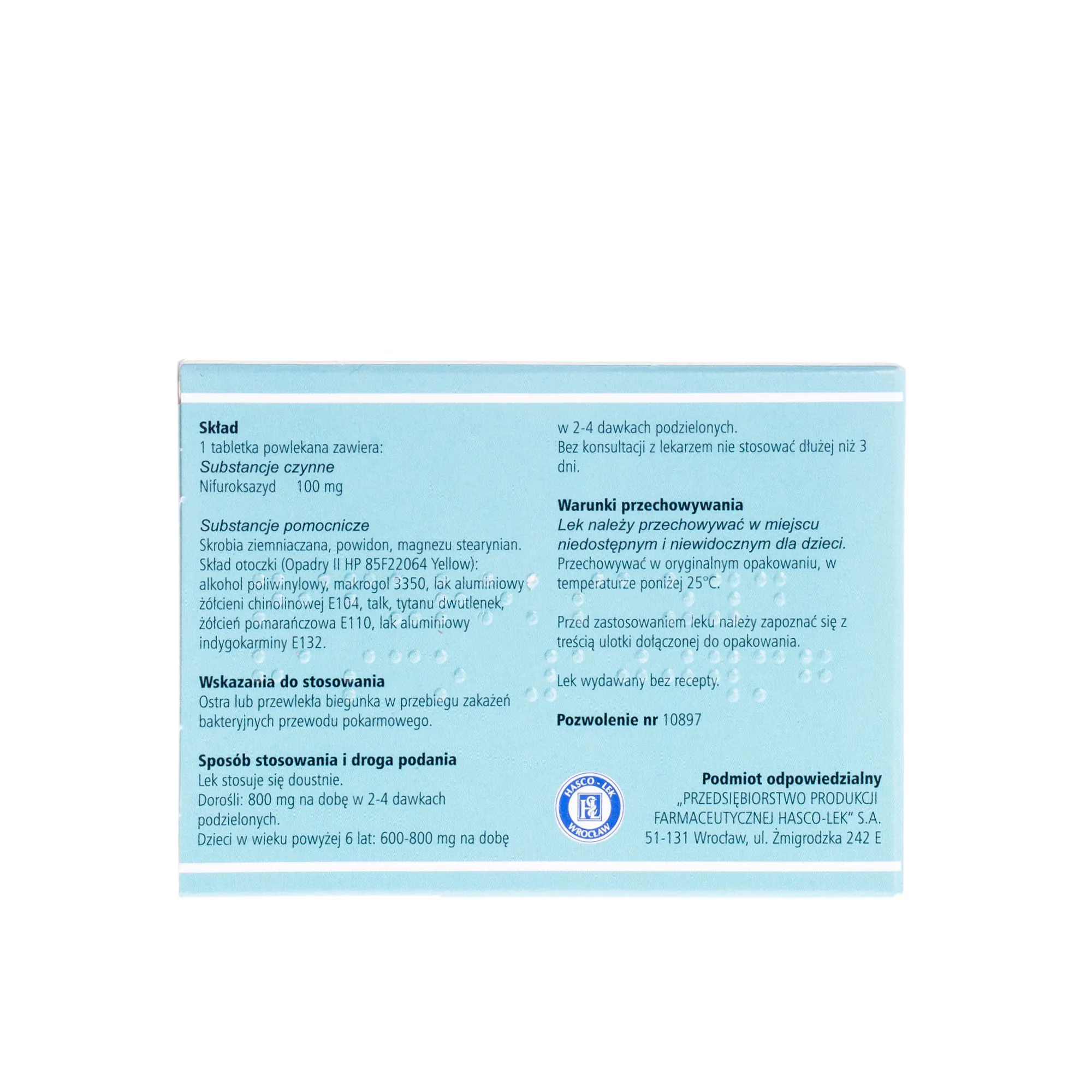 Nifuroksazyd Hasco 100 mg - 24 tabletki powlekane stosowane przy ostrych biegunkach 