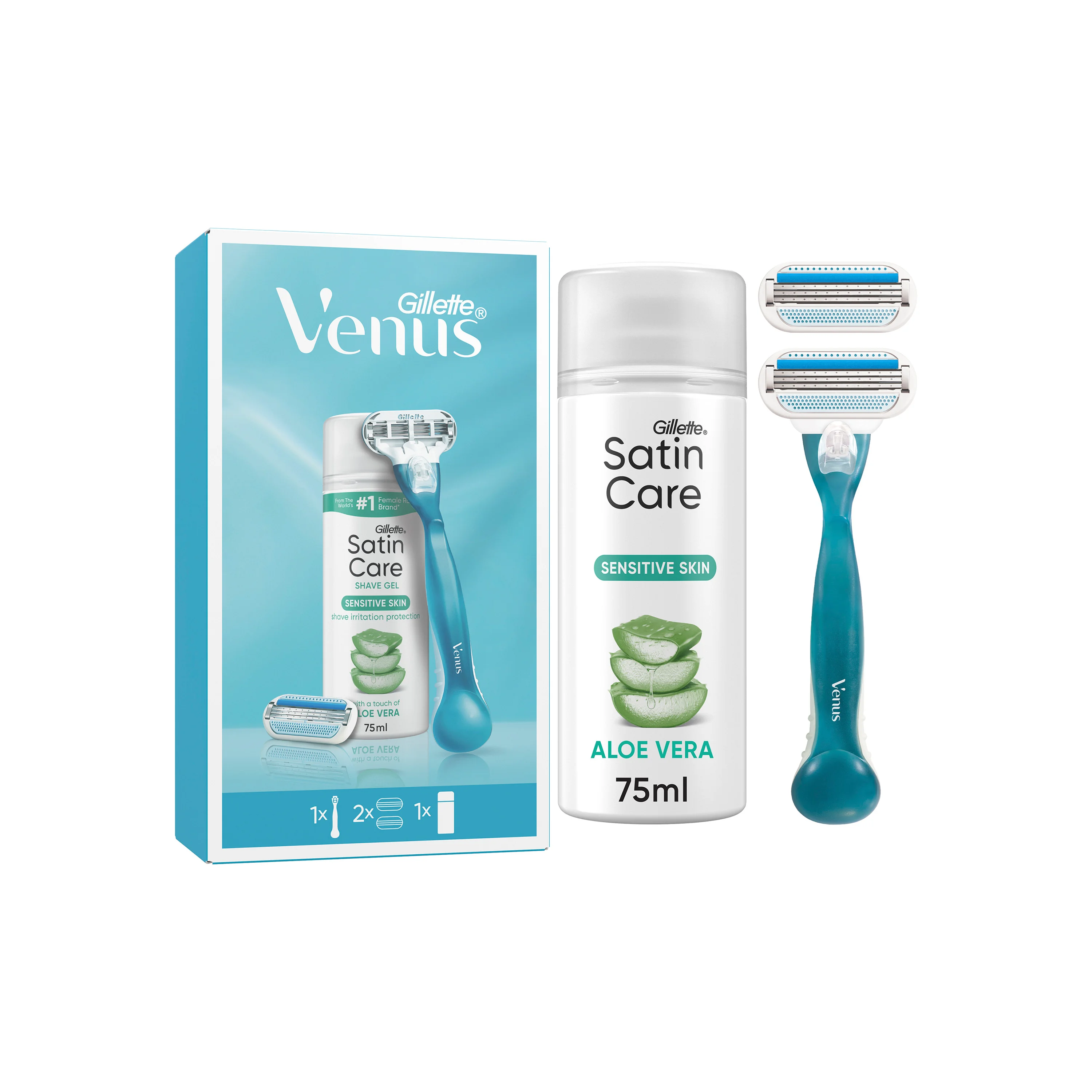 Gillette Venus Satin Care Sensitive Skin Aloe Vera Zestaw damska maszynka do golenia + 2 wkłady wymienne + żel do golenia, 75 ml