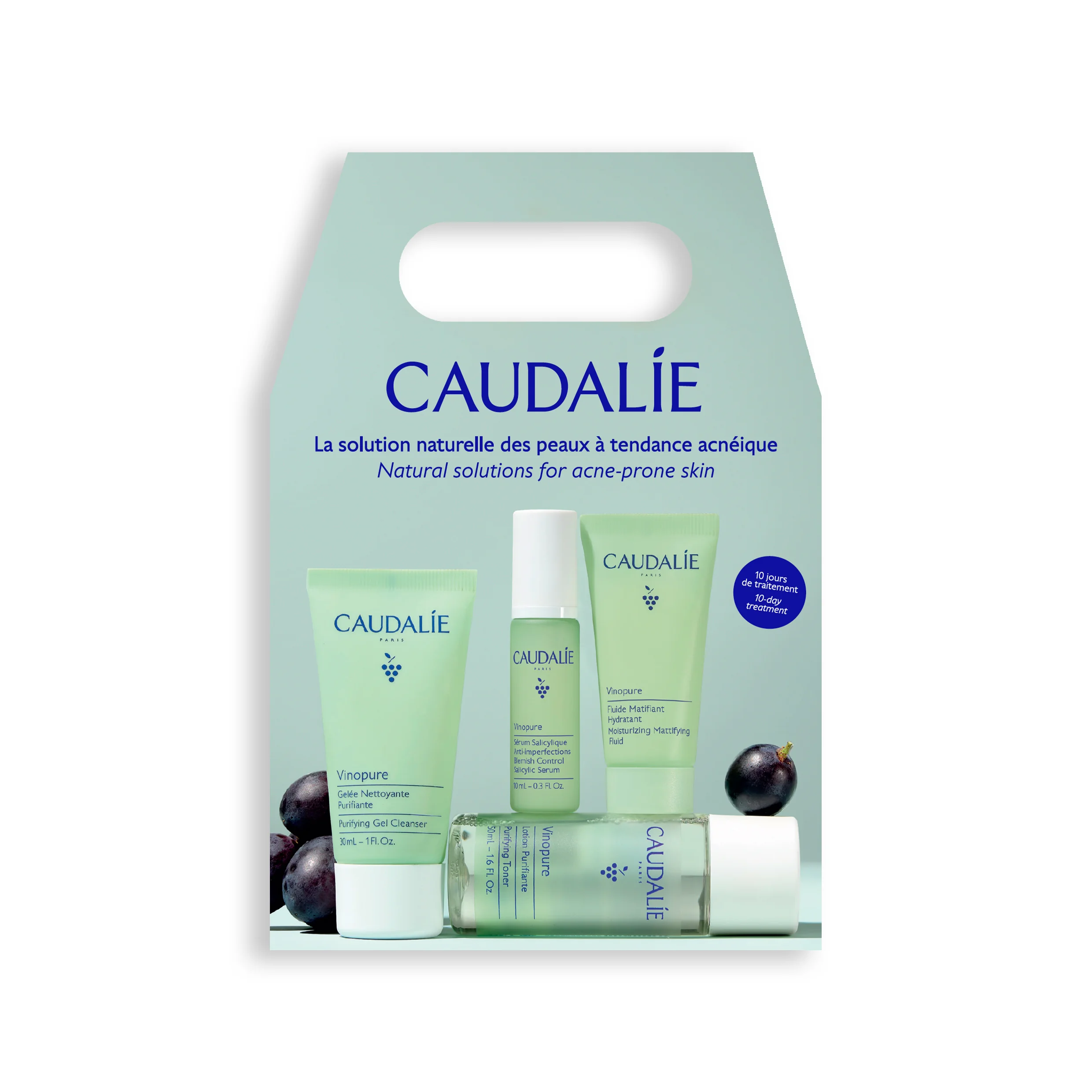 Caudalie Vinopure Zestaw Startowy oczyszczający żel myjący, 30 ml + tonik oczyszczający, 50 ml + serum na niedoskonałości, 10 ml  + fluid matująco nawilżający, 15 ml