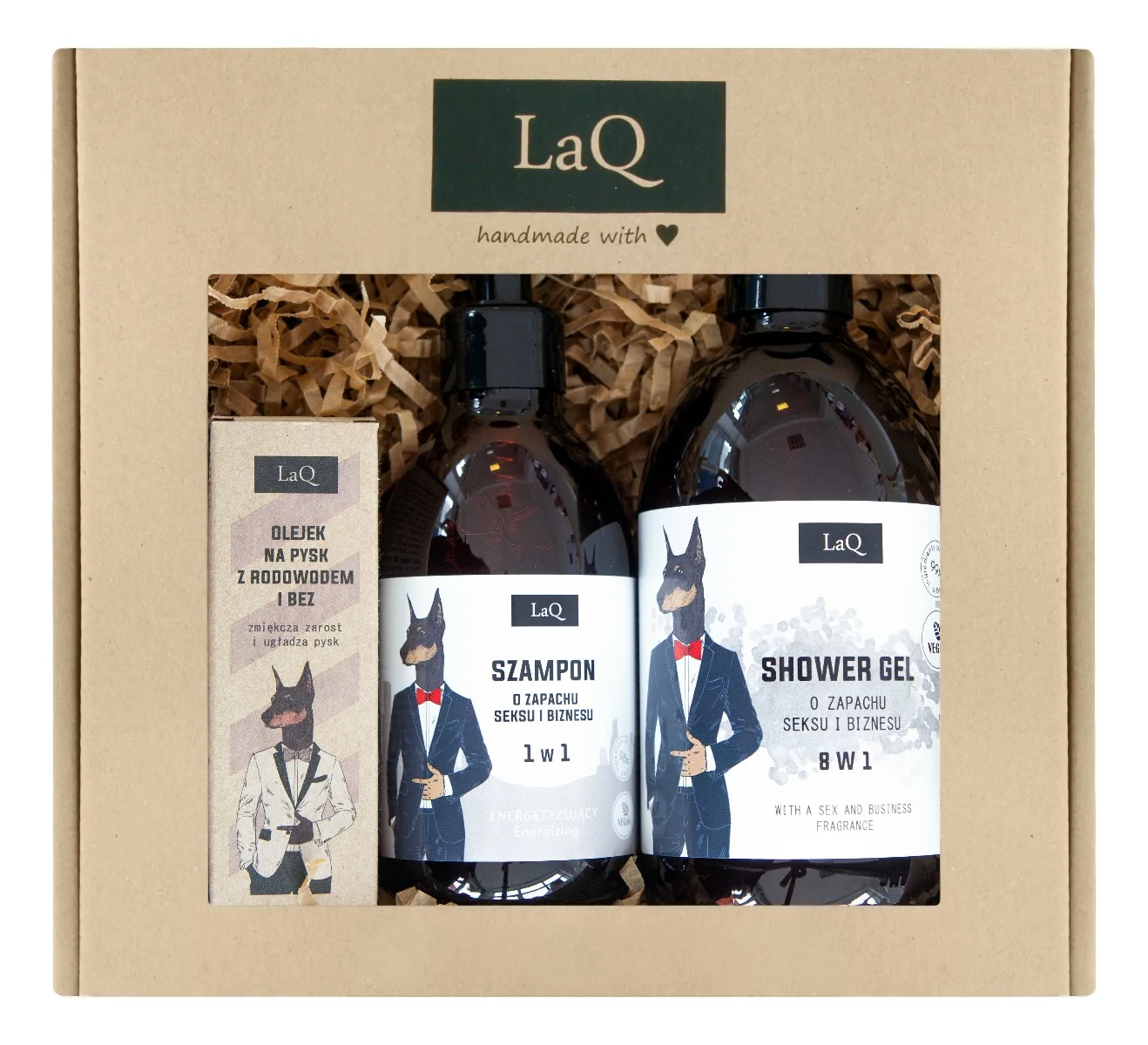LaQ Doberman Zestaw Żel pod prysznic 500 ml + Szampon 300 ml + Olejek po goleniu i do brody 30 ml