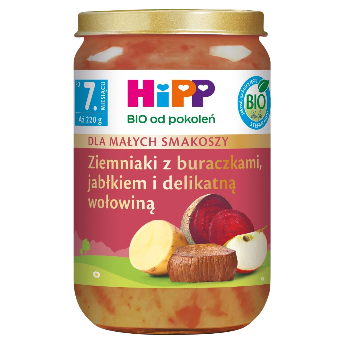 HiPP BIO od pokoleń obiadek ziemniaki z buraczkami jabłkiem i delikatną wołowiną po 7. miesiącu, 220 g