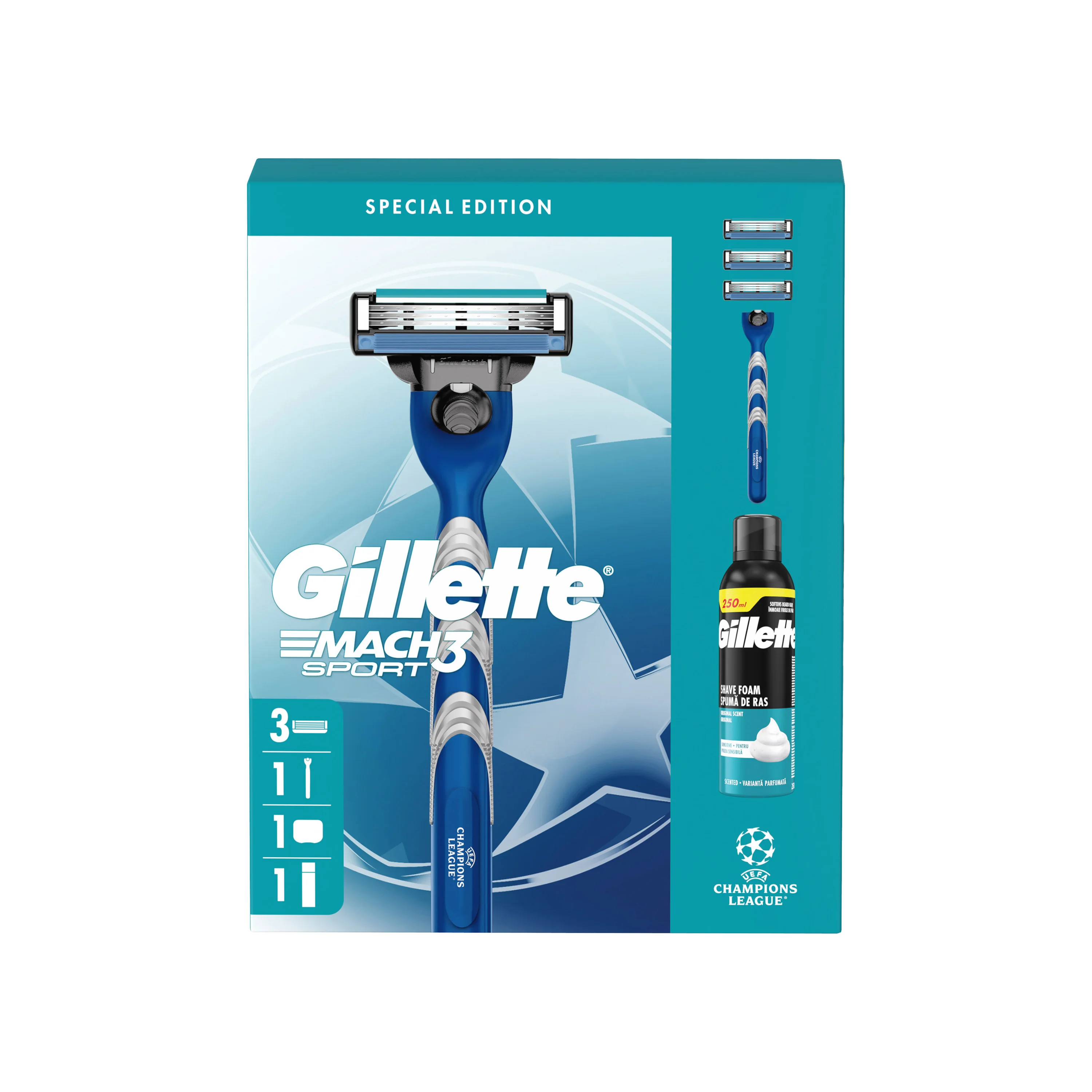 Gillette Mach3 UEFA Champions League Zestaw męska maszynka do golenia + 3 wkłady wymienne + pianka do golenia, 250 ml