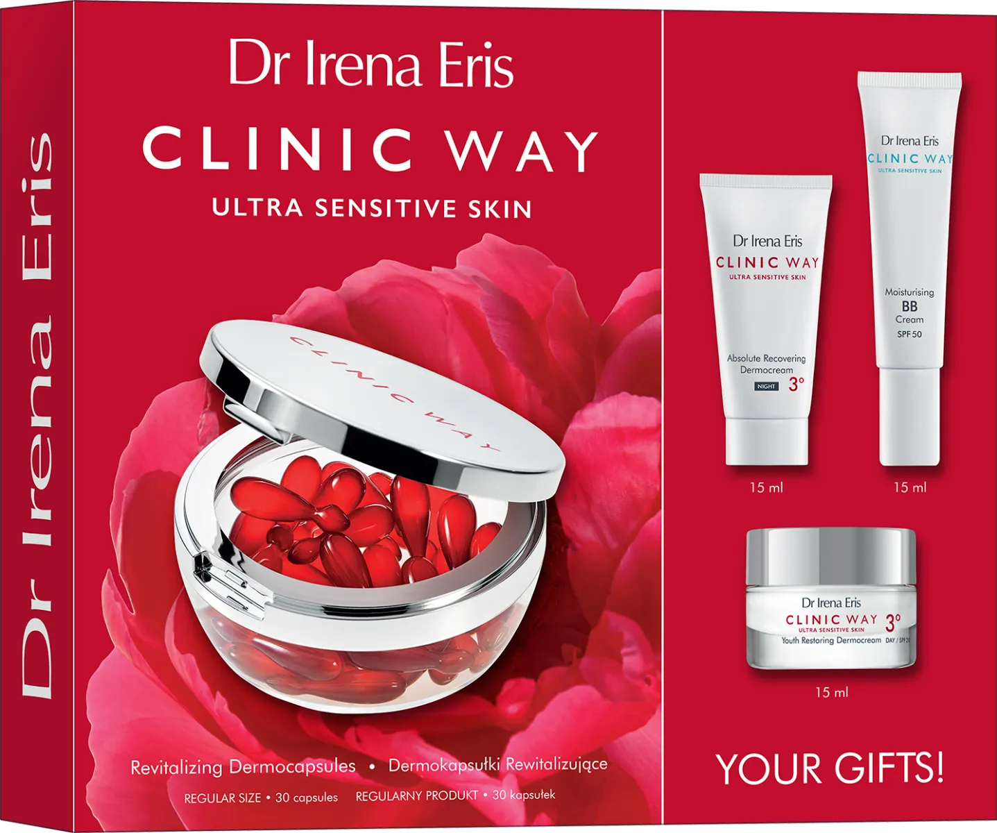 Dr Irena Eris Clinic Way Rewitalizacja i Odmłodzenie zestaw kosmetyków, 30 kapsułek + 15 ml + 15 ml + 15 ml