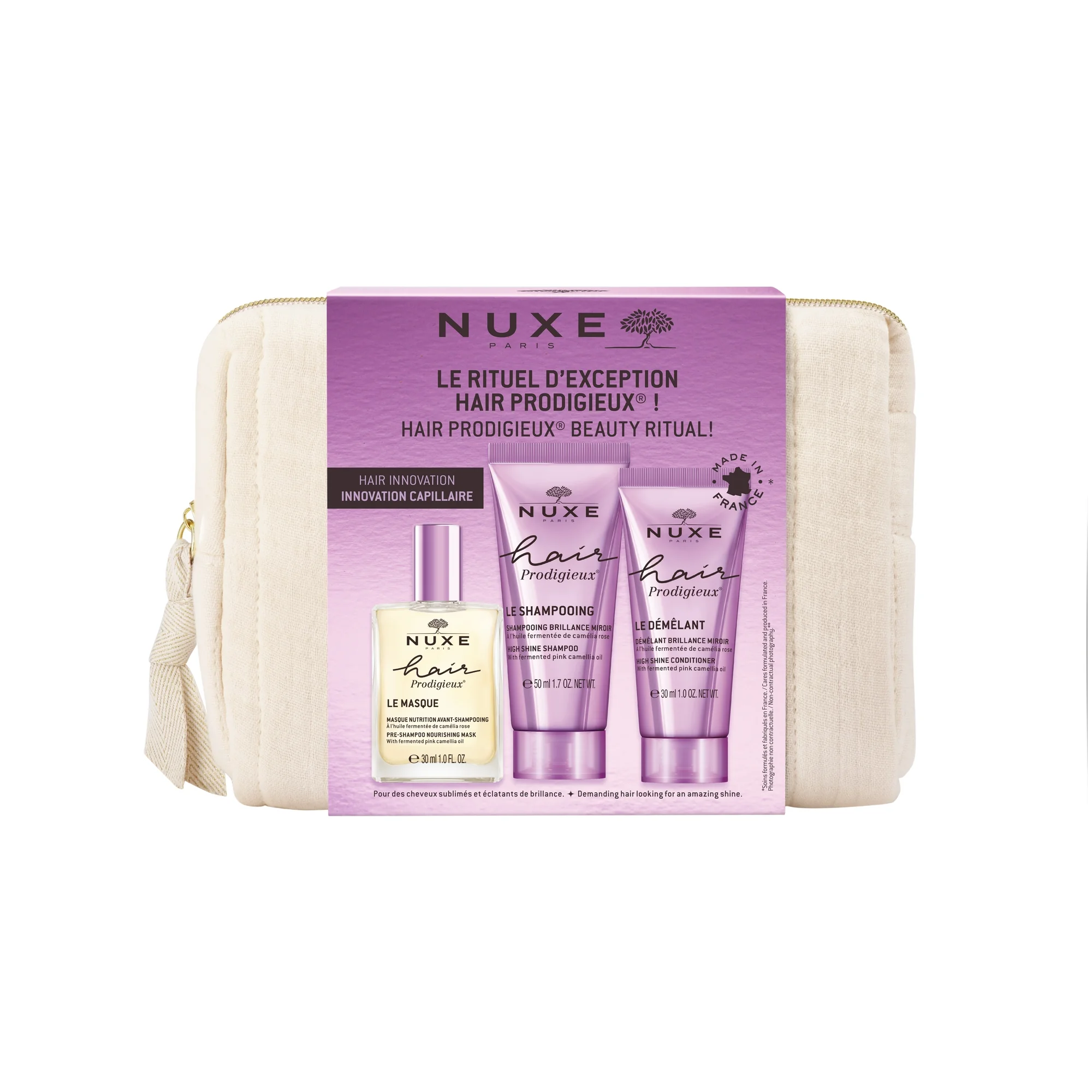 NUXE Zestaw Hair Prodigieux® maska, 30 ml + szampon, 50 ml + odżywka, 30 ml + kosmetyczka