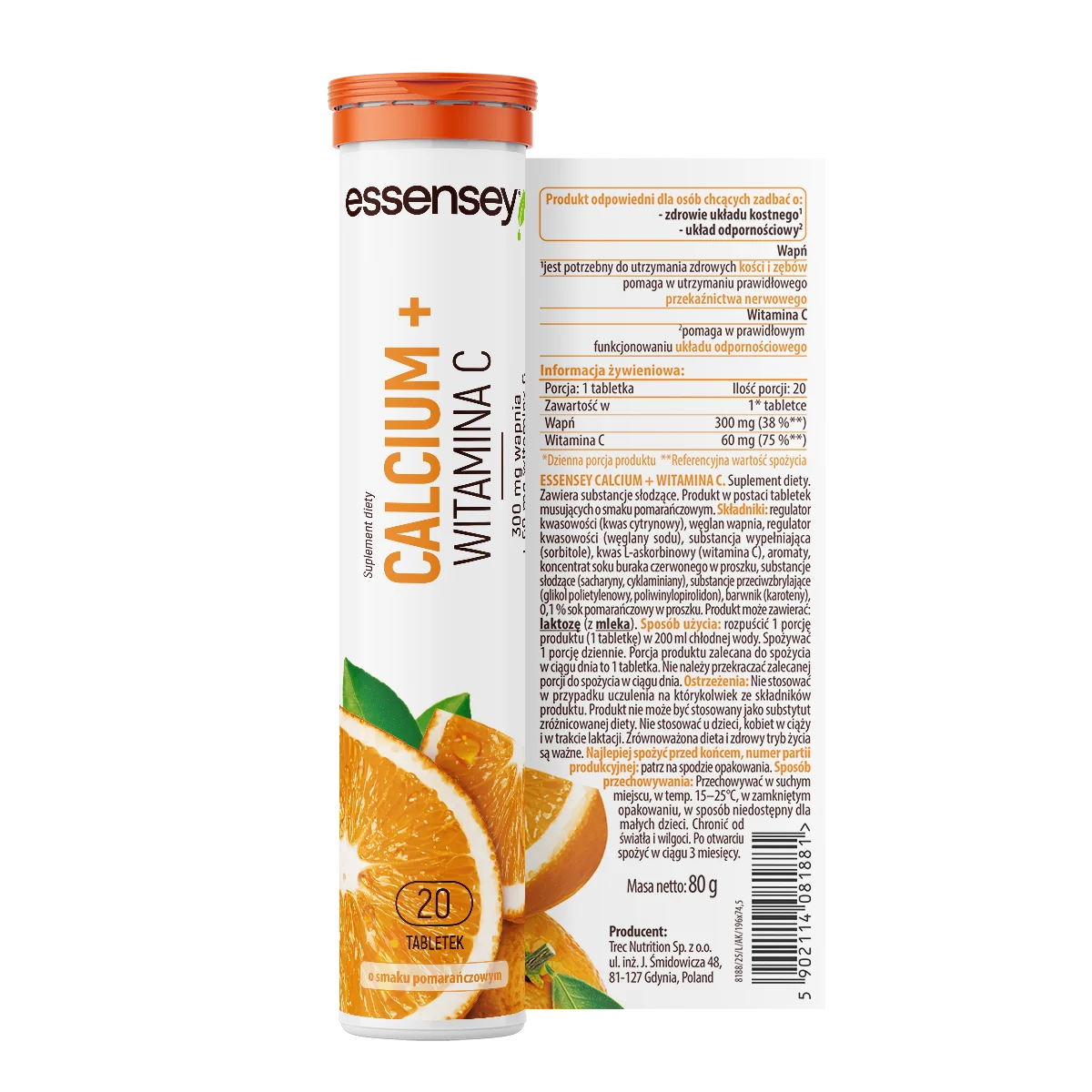 Essensey Calcium + Witamina C o smaku pomarańczowym, 20 tabletek musujących