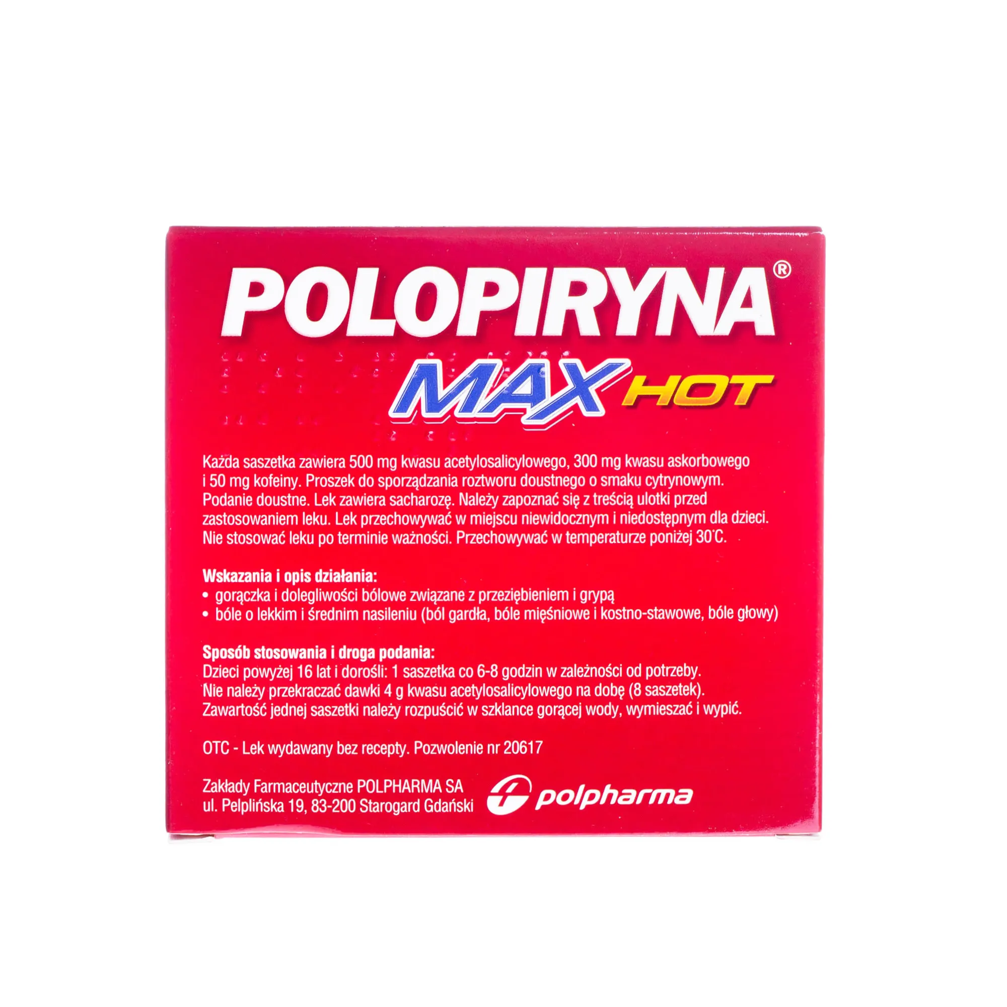 Polopiryna MAX Hot ( Acidum acetylsalicylicum 500 mg + Acidum ascorbicum 300 mg + Coffeinum 50 mg ), 8 saszetek 