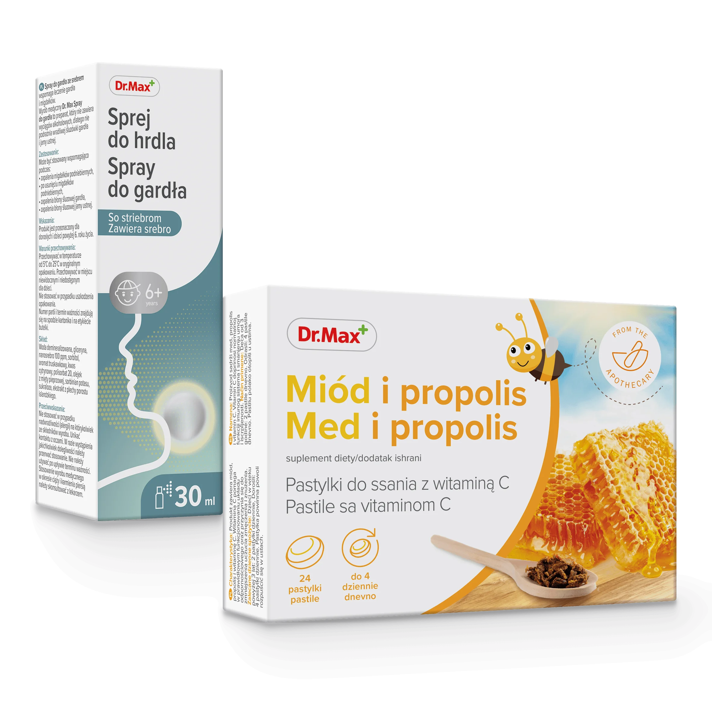 Komplet troski o gardło Spray do gardła ze srebrem Dr. Max 30 ml + Miód i propolis Dr. Max  24 pastylki do ssania