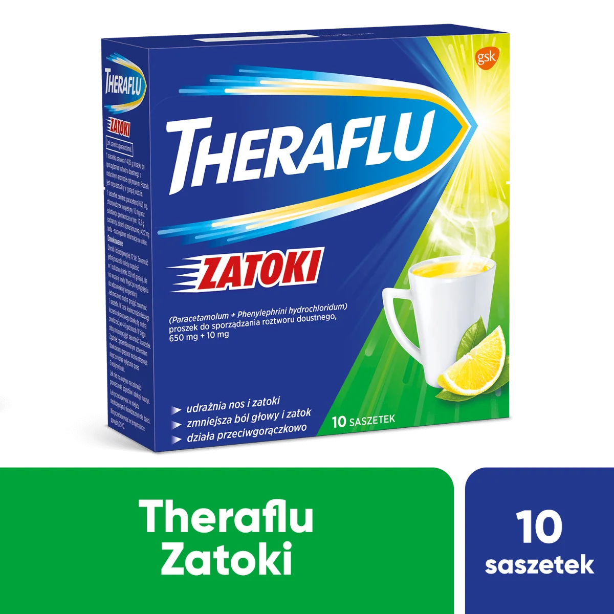 Theraflu Zatoki, 650mg + 10 mg, 10 saszetek 