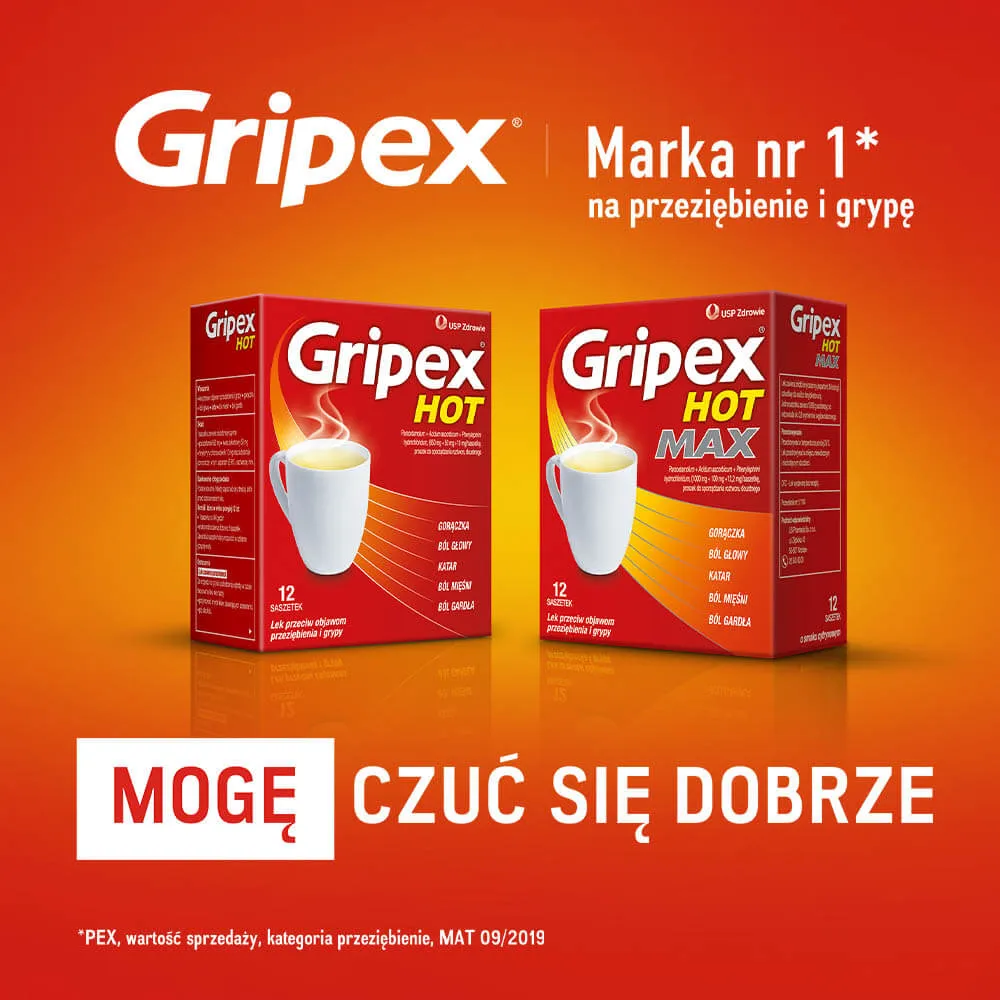 Gripex Hot - lek przeciw objawom przeziębienia i grypy, 12 saszetek 