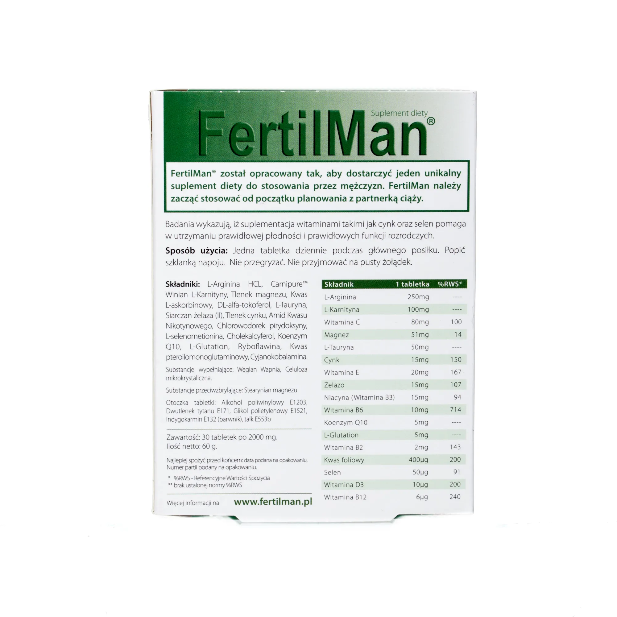 FertilMan - suplement diety bogaty w witaminy, minerały i antyoksydanty, 30 tabletek 
