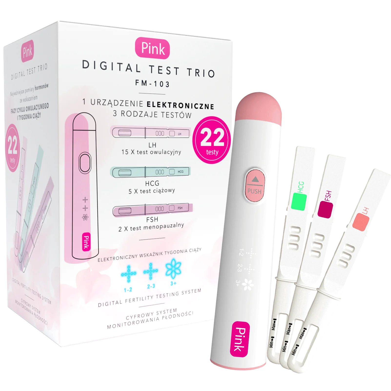 PINK Digital Test Trio cyfrowy zestaw do monitorowania płodności dla kobiet do wykrywania 3 hormonów płodności (LH / HCG / FSH), 22 testy