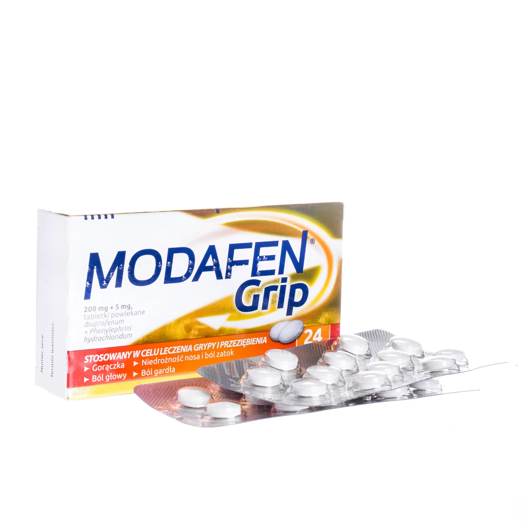 Modafen Grip 200 mg + 5 mg - 24 tabletki stosowany w leczeniu grypy i przeziębienia 