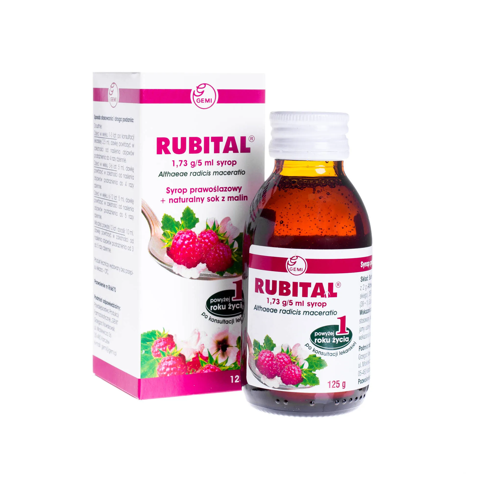 Rubital 1,73g/5 ml - syrop prawoślazowy z naturalnym sokiem z malin, 125 g 