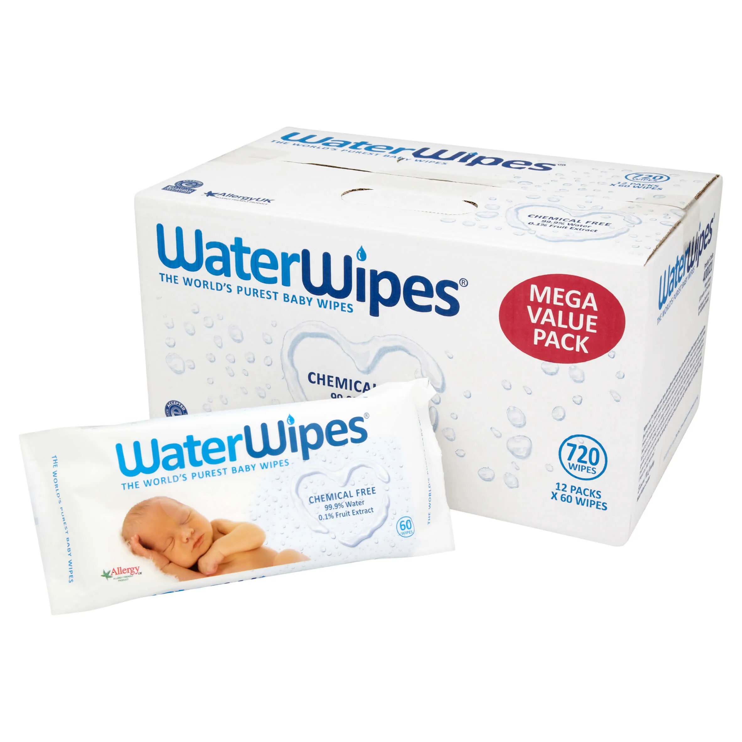 WaterWipes, chusteczki nasączone czystą wodą, 12x60 sztuk