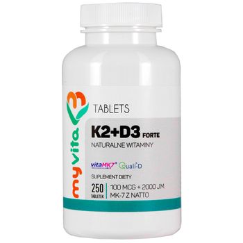 MyVita, Naturalna witamina K2+D3 100mcg + 2000IU Forte, suplement diety, 250 tabletek 