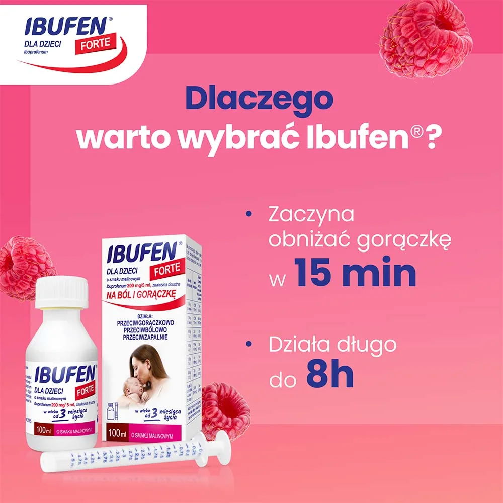 Ibufen dla Dzieci Forte 200mg/5ml, smak malinowy, 100 ml