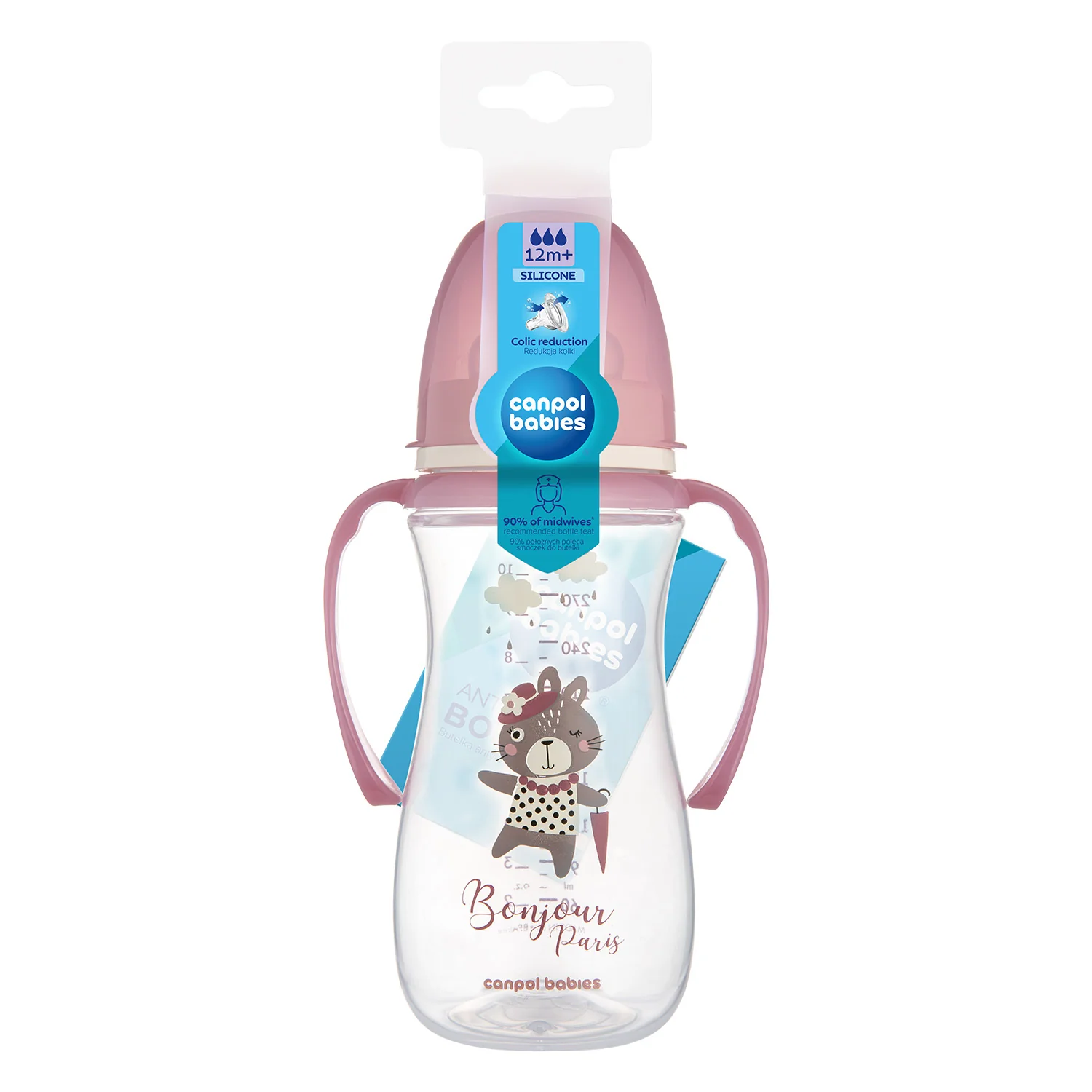 Canpol Babies EasyStart BONJOUR PARIS różowa butelka antykolkowa z uchwytami 300 ml, 1 sztuka
