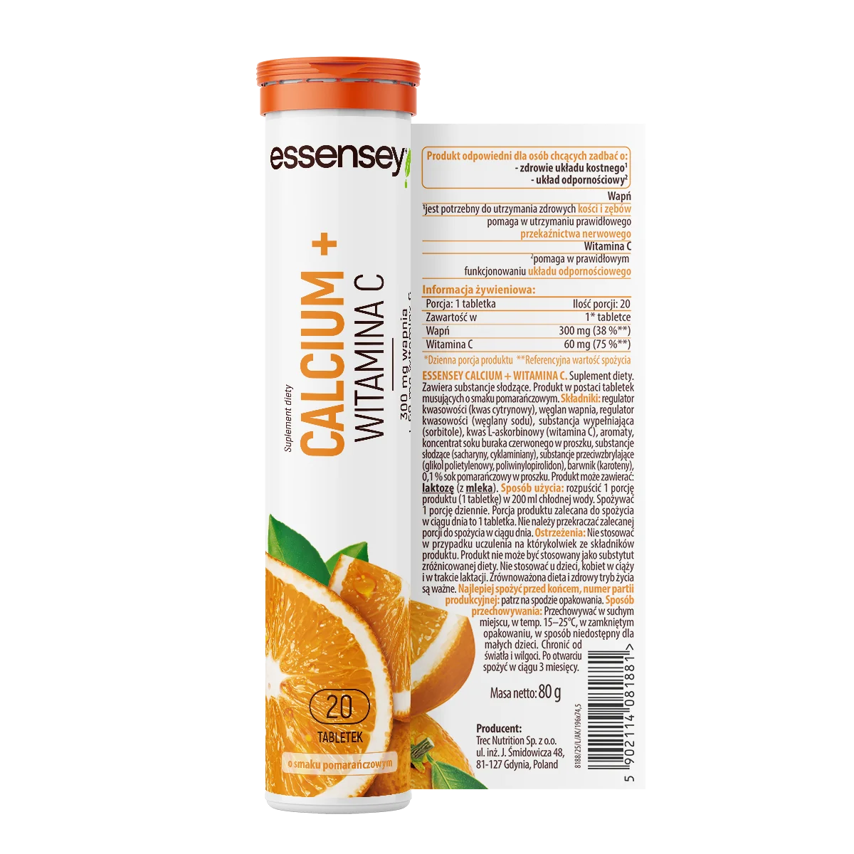 Essensey Calcium + Witamina C o smaku pomarańczowym, 20 tabletek musujących
