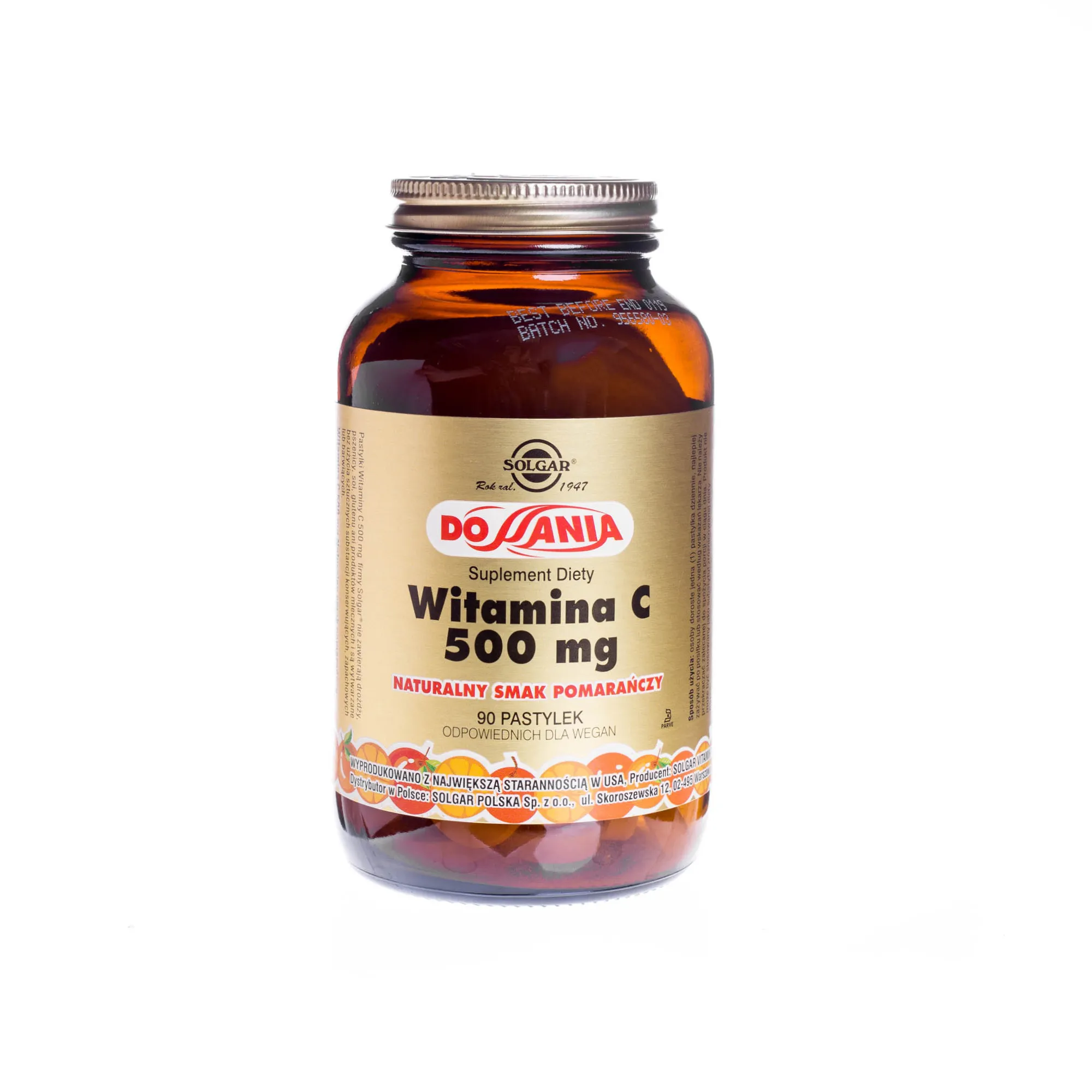 Solgar Witamina C 500 mg, suplement diety, naturalny smak pomarańczy, 90 pastylek do ssania 