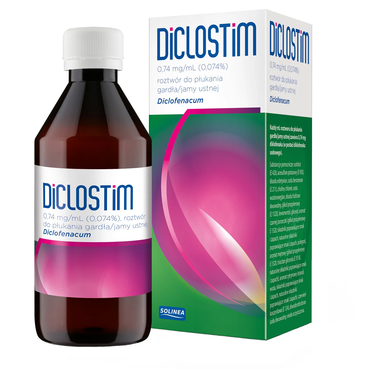 Diclostim 0,74 mg/ml roztwór do płukania jamy ustnej i gardła, 150 ml
